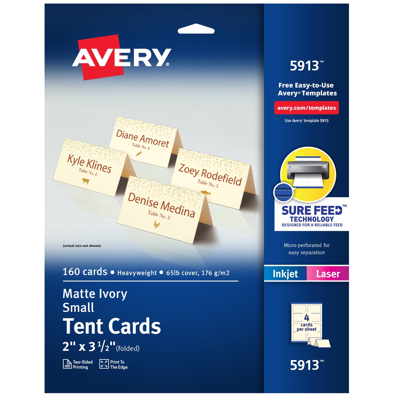 Avery Printable Tent Cards with Sure Feed Technology, 2" x 3.5", Ivory, 160 Blank Place Cards for Laser or Inkjet Printers (5913)